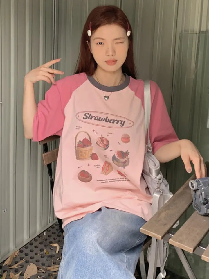 Strawberry Cake Print Short Sleeve T-shirt