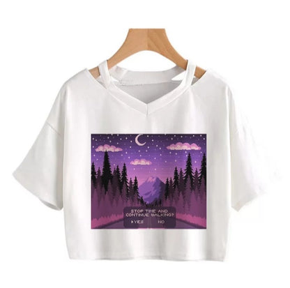 Cute Vintage Mountain Road Moon Night Sky Print Crop Top Short Sleeve Shirt Aesthetic Casual E-Girl Kawaii Korean Japanese Harajuku
