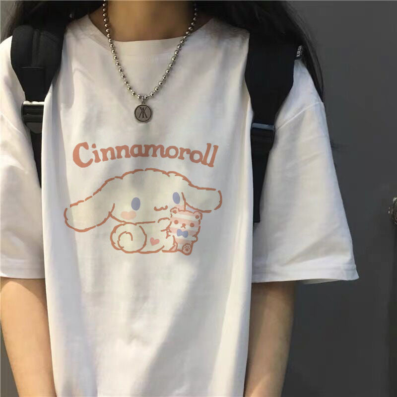 Cute Anime Cartoon Print Loose Oversize Short Sleeve Short T-shirt Top Causal Summer E-Girl Kawaii Korean Japanese Harajuku Streetwear