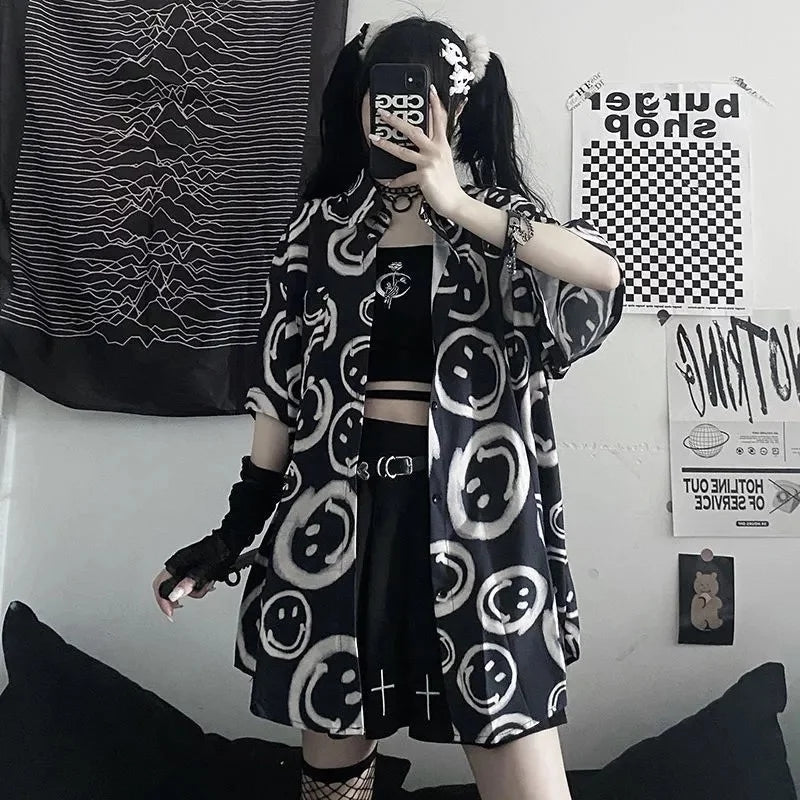 Black Smiley Happy Face Cartoon Print Button Down Oversize Short Sleeve Shirt Goth Aesthetic Casual Summer E-Girl Kawaii Korean Japanese Harajuku
