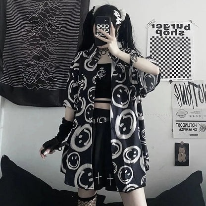 Black Smiley Happy Face Cartoon Print Button Down Oversize Short Sleeve Shirt Goth Aesthetic Casual Summer E-Girl Kawaii Korean Japanese Harajuku