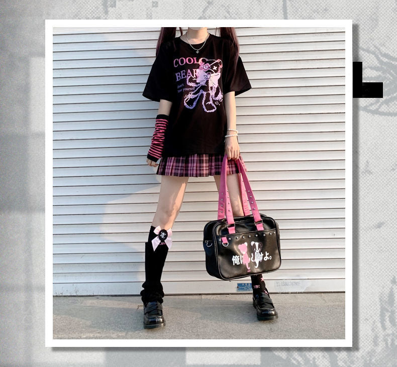 Black Bear Bow Cartoon Print Short Sleeve Tee Shirt T-shirt Top Goth Punk Causal Summer E-Girl Kawaii Korean Japanese Harajuku Streetwear