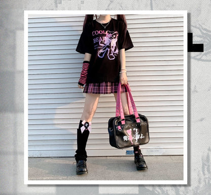 Black Bear Bow Cartoon Print Short Sleeve Tee Shirt T-shirt Top Goth Punk Causal Summer E-Girl Kawaii Korean Japanese Harajuku Streetwear