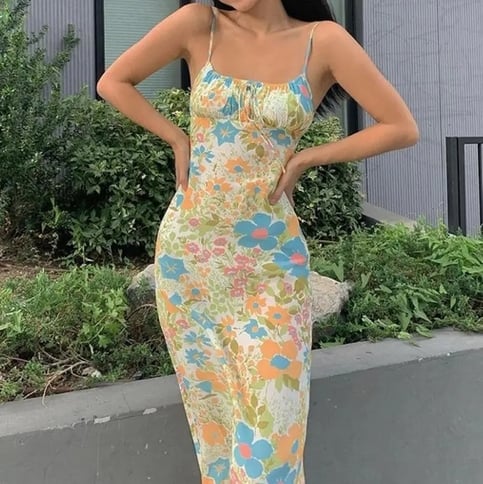 Floral Square Collar Long Bodycon Dress