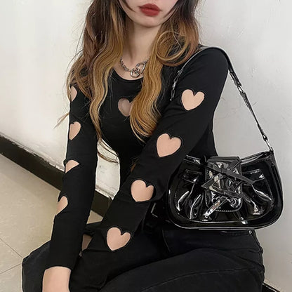 Black Heart Hollow Out Long Sleeve Shirt