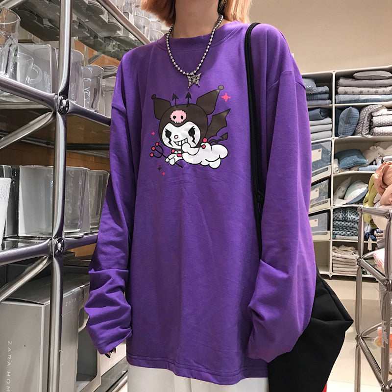 Cute Purple Devil Demon Print Anime Cartoon Casual Oversized Long Sleeve Tee Shirt T-shirt Top E-Girl Kawaii Korean Japanese Harajuku Streetwear