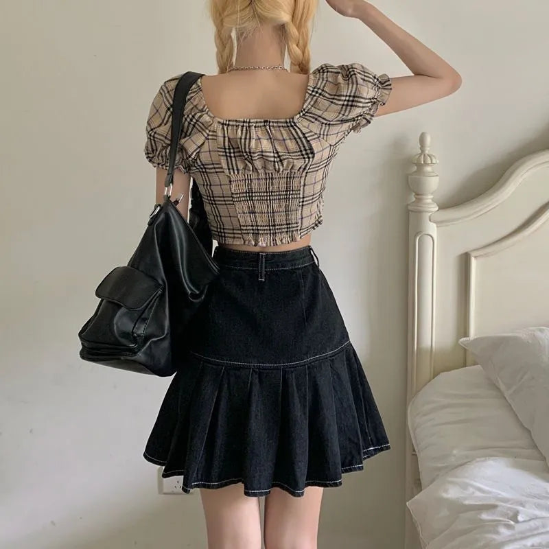 Denim Bow Pleated Mini Skirt