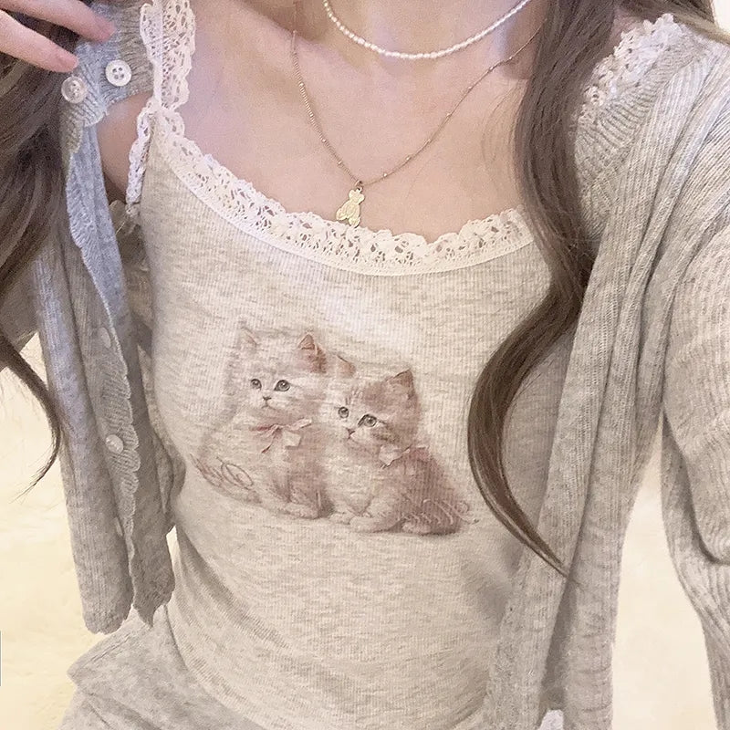 Cat Lace Trim Crop Top