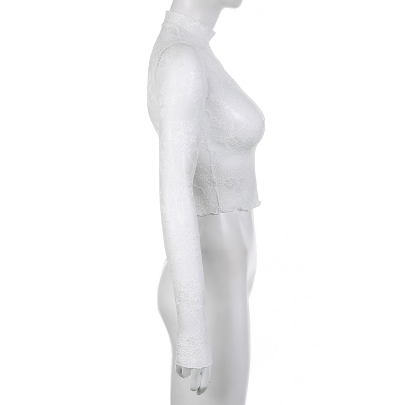 White Transparent Lace Turtleneck Crop Top