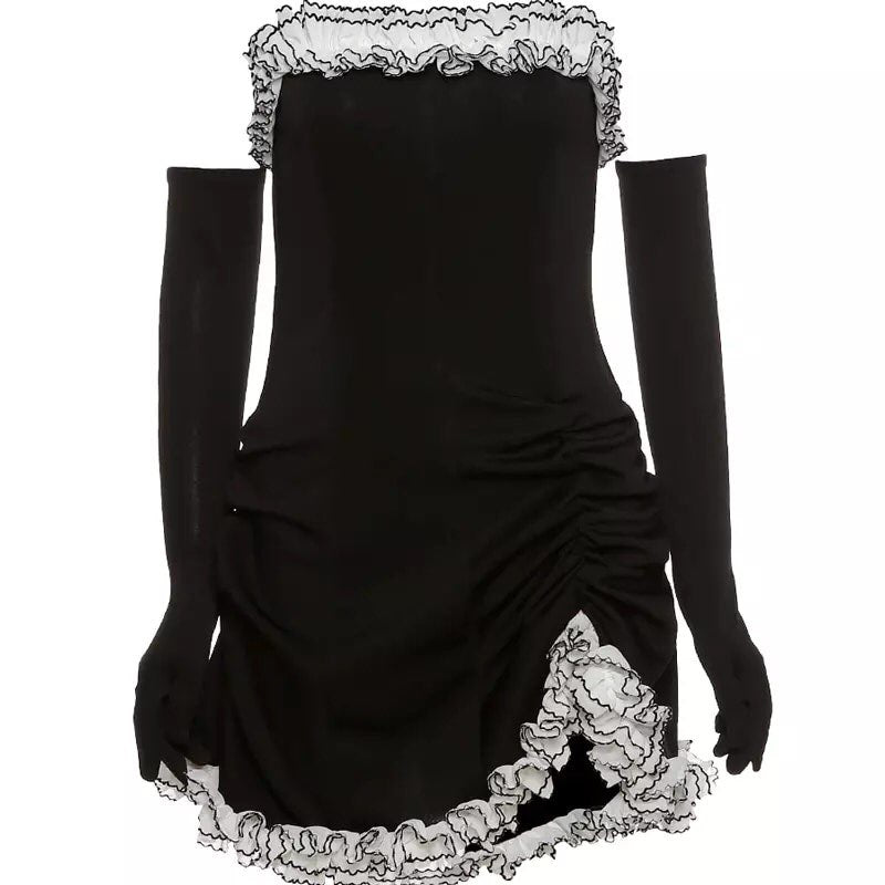 Sexy Sweet Black Lace Ruffles Strapless ,Mini Dress Party Club Summer Aesthetic Casual E-Girl Kawaii Korean Japanese Harajuku