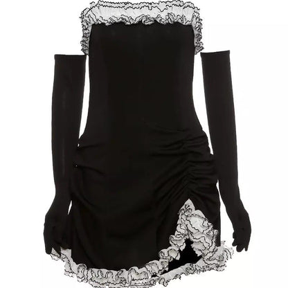 Sexy Sweet Black Lace Ruffles Strapless ,Mini Dress Party Club Summer Aesthetic Casual E-Girl Kawaii Korean Japanese Harajuku