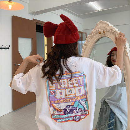 Pastel Retro 90s Vintage Cartoon Print Three Quarter Short Sleeve Tee Shirt T-shirt Top Causal E-Girl Kawaii Korean Japanese Harajuku Streetwear