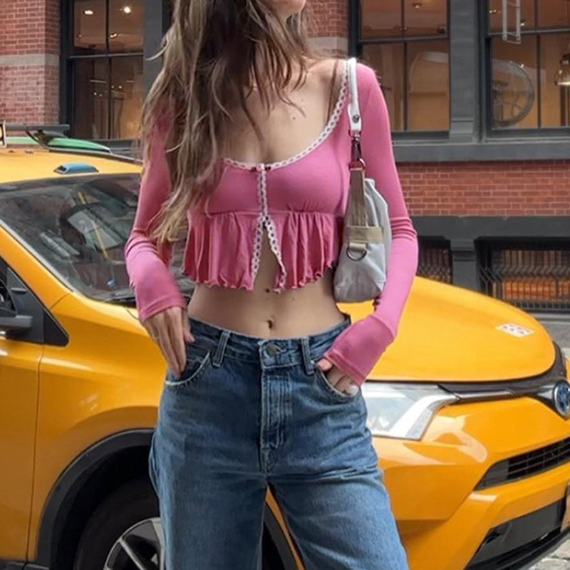 Pink Frill Lace Long Sleeve Crop Top