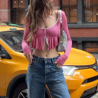 Pink Frill Lace Long Sleeve Crop Top