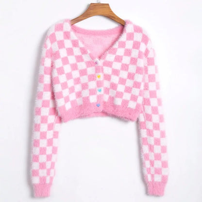 Cute Plaid Checkered Crop Sweater Cardigan Top Long Sleeve Knit E-Girl Kawaii Korean Japanese Harajuku Chinese Retro Streetwear Aesthetic