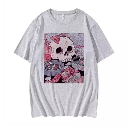 Cute Black Skull Goth Punk Print Cartoon Loose Short Sleeve Short T-shirt Tee Top Summer Casual E-Girl Kawaii Korean Japanese Harajuku Streetwear