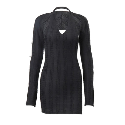 2PCS Black Knit V Neck Halter Dress + Long Sleeve Shawl