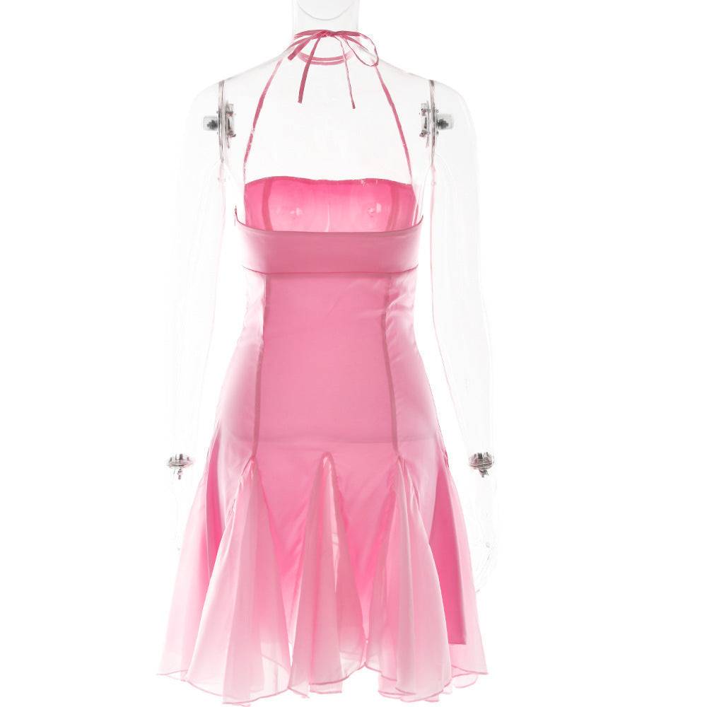 Pink Satin Halter Tie Mini Dress
