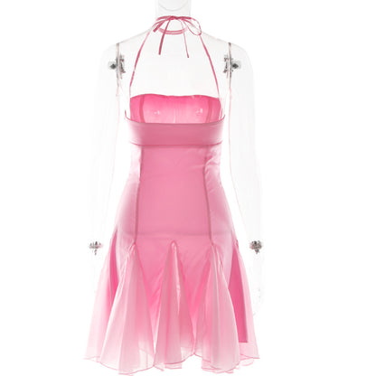 Pink Satin Halter Tie Mini Dress