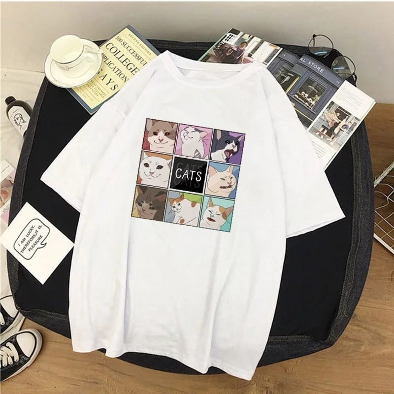 Cute Cat Kitten Animal Cartoon Funny Short Sleeve Shirt Tee T-shirt E-Girl Kawaii Korean Japanese Harajuku Chinese Retro Streetwear Aesthetic