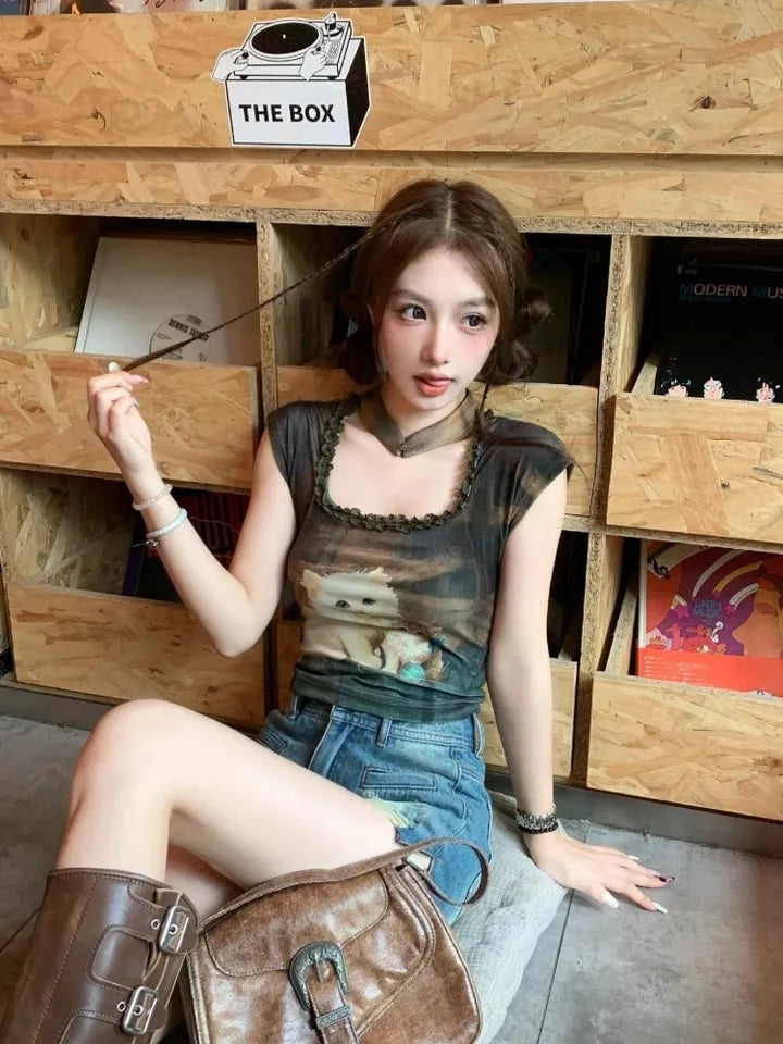 Vintage Brown Cat Print Crop Top