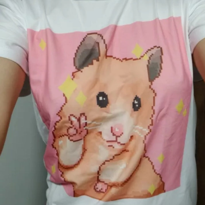 Cute Pastel Pink Happy Hamster Posing Star Print Oversized Short Sleeve Shirt Aesthetic Casual E-Girl Kawaii Korean Japanese Harajuku