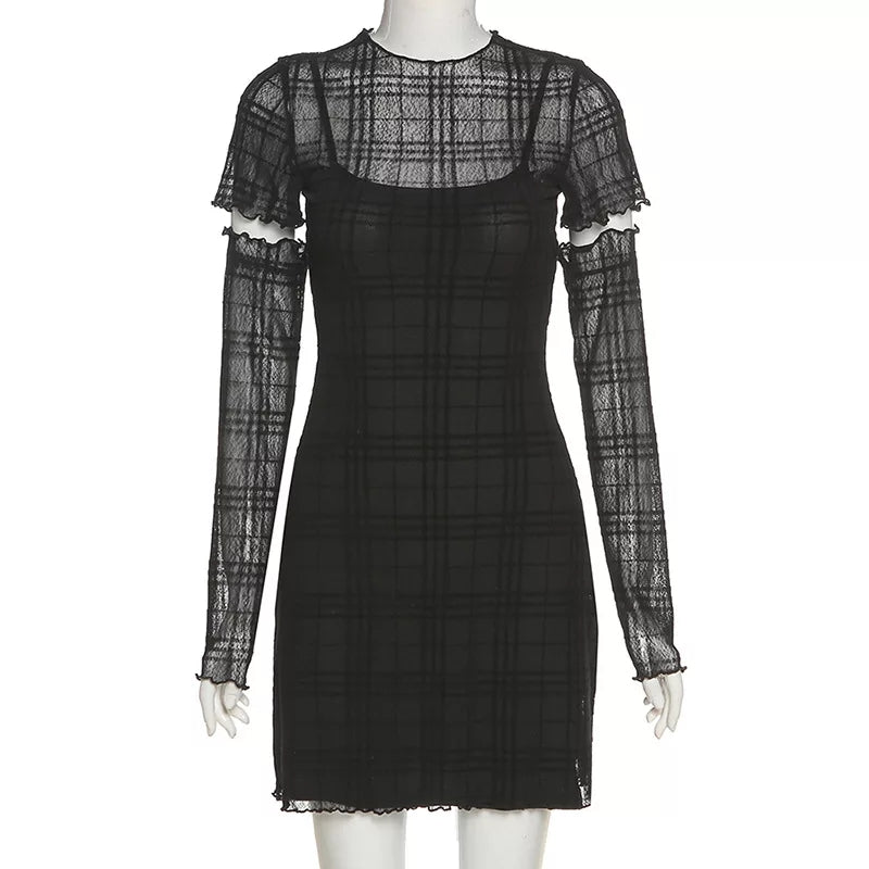Cute Black Patchwork Plaid Detachable Sleeves Mini Dress Summer Aesthetic Casual E-Girl Kawaii Korean Japanese Harajuku
