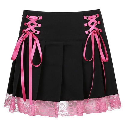 Cute Vintage Lace Trim Ribbon Bow Tie Up Pleated High Waisted Skirt Punk Goth E-Girl Kawaii Korean Japanese Harajuku Streetwear