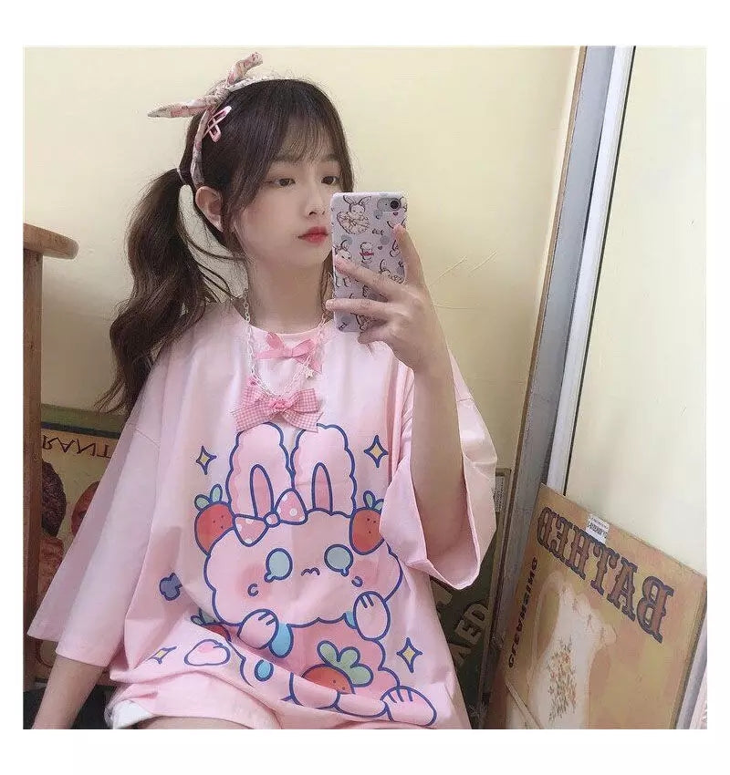 Cute Pastel Pink Sweet Rabbit Crying Strawberry Print Oversized Short Sleeve Shirt Aesthetic Casual E-Girl Kawaii Korean Japanese Harajuku