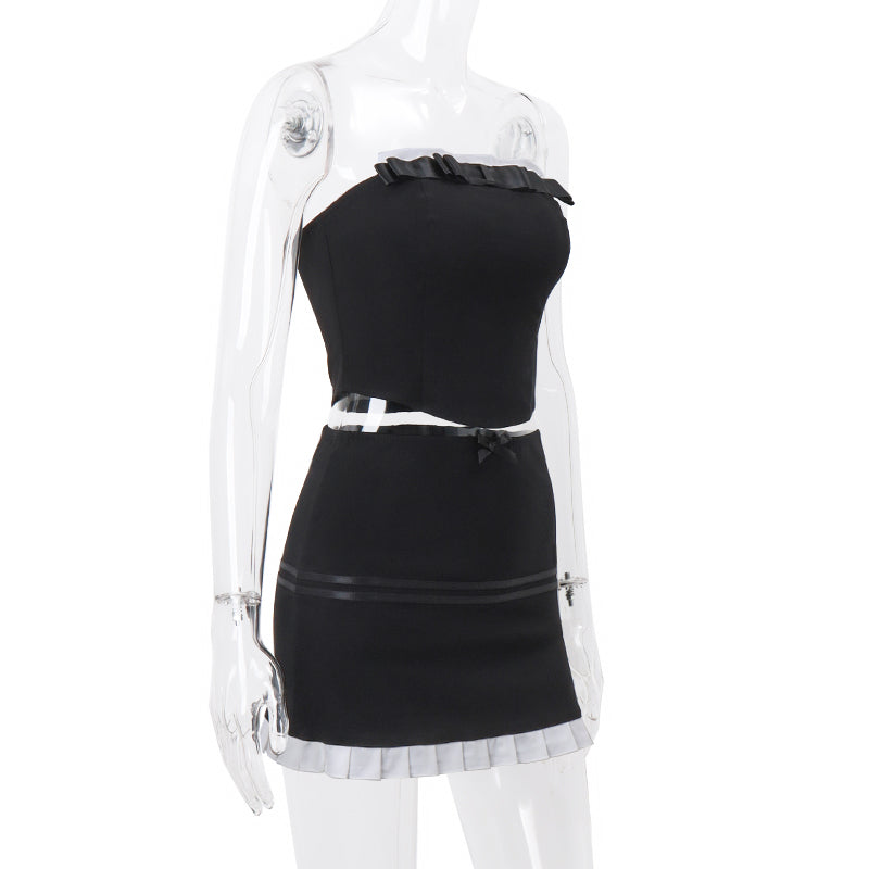 2PCS Black & White Strapless Top + Pleated Mini Skirt