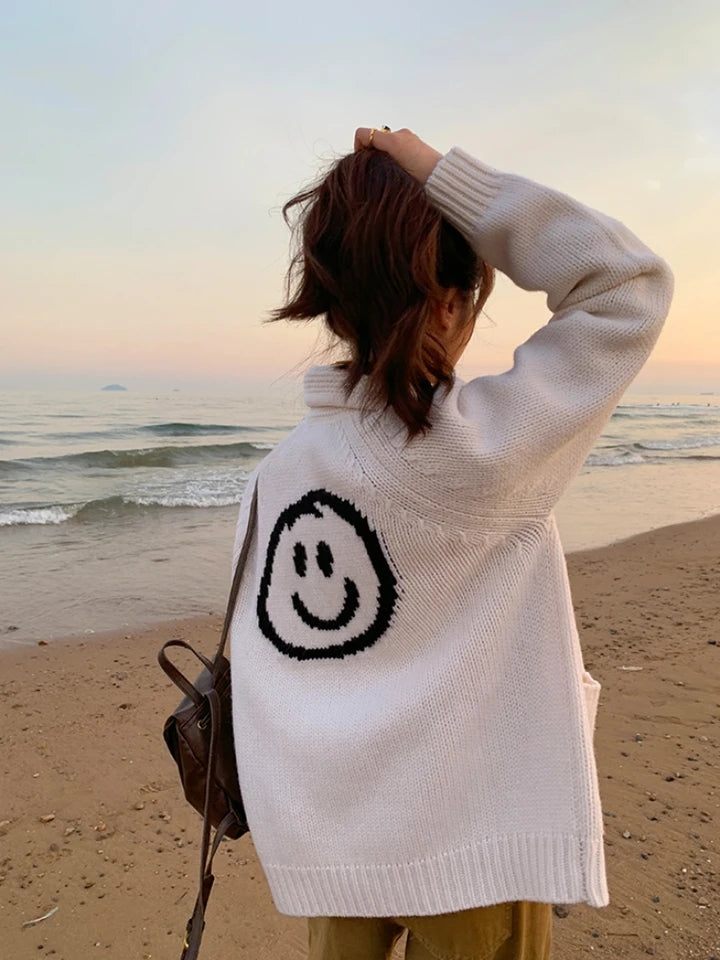 Smiley Face Loose Zipper Sweater