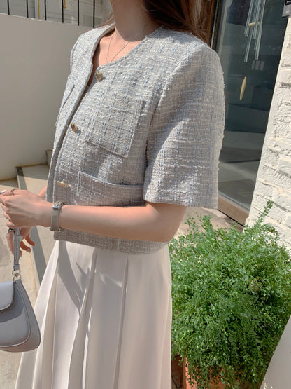 Heart Button Tweed Short Sleeve Blouse