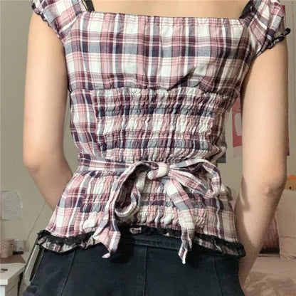 Plaid Ruffle Square V Neck Short Sleeve Top