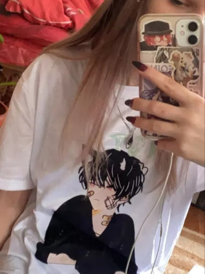 Cute Anime Boy Cat Ears Cartoon Graphic Print Oversize Short Sleeve Shirt Summer Aesthetic Casual E-Girl Kawaii Korean Japanese Harajuku