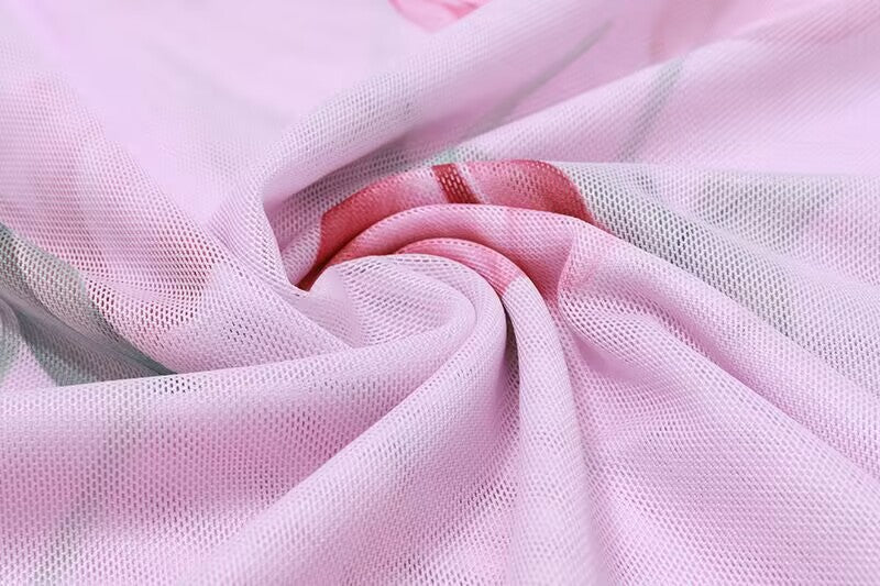2PCS Pink Tulip Print Tube Top + Mini Skirt
