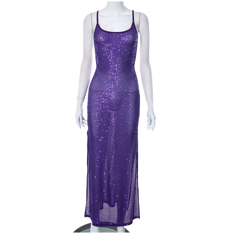 Purple Sequin Split Bodycon Dress