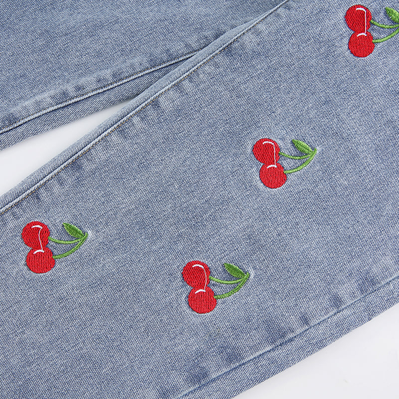 Cute Sweet Vintage Cherry Embroidery Light Washed Blue Denim Jeans High Waisted Cargo Slim Bottom E-Girl Kawaii Korean Japanese Harajuku Streetwear
