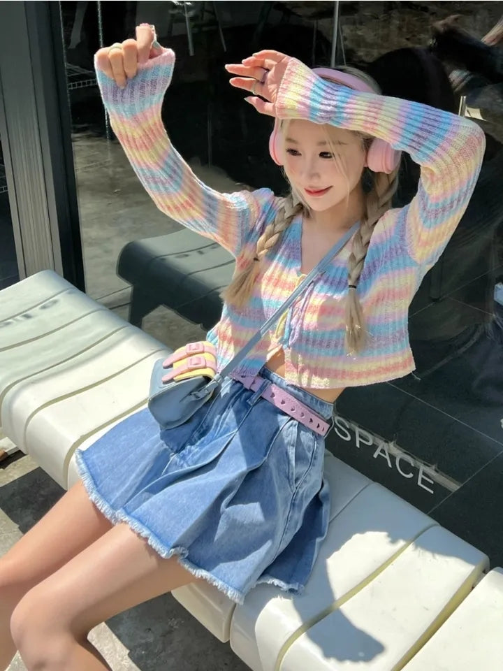 Rainbow Striped V Neck Cropped Cardigan