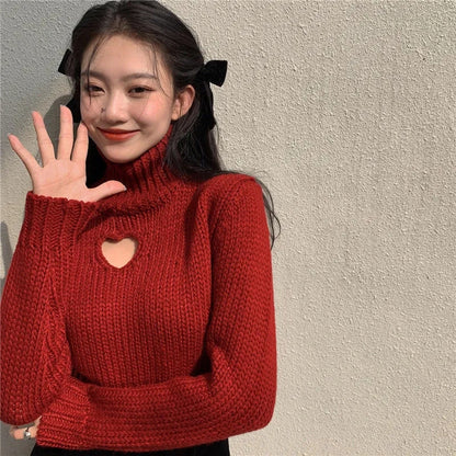 Heart Hollow Out Cropped Turtleneck Sweater