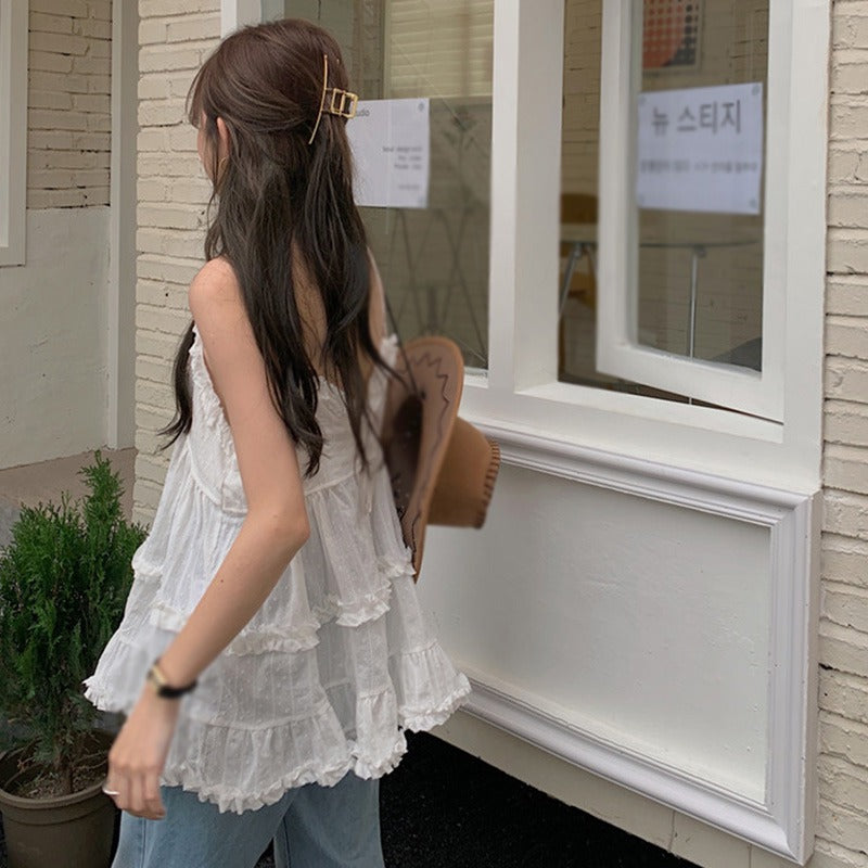 White Ruffle Spaghetti Strap Tank Top