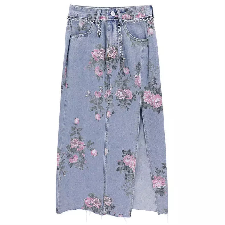 Cute Vintage Flowers Print Maxi Denim Skirt High Waist Open Split Straight Summer Aesthetic Casual E-Girl Kawaii Korean Japanese Harajuku