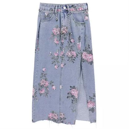 Cute Vintage Flowers Print Maxi Denim Skirt High Waist Open Split Straight Summer Aesthetic Casual E-Girl Kawaii Korean Japanese Harajuku