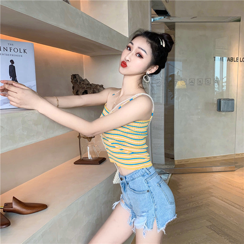 Cute Stripe Knit Cropped Tank Top Spaghetti Strap Camisole Sleeveless Shirt T-shirt Top E-Girl Kawaii Korean Japanese Harajuku Streetwear