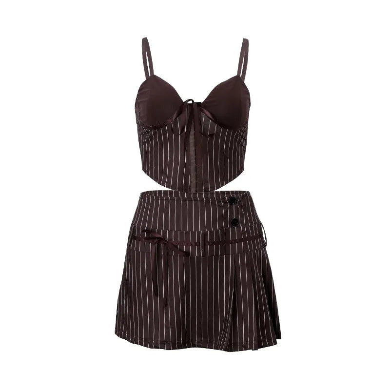 2PCS Vertical Stripe Print Spaghetti Strap Top + Skirt