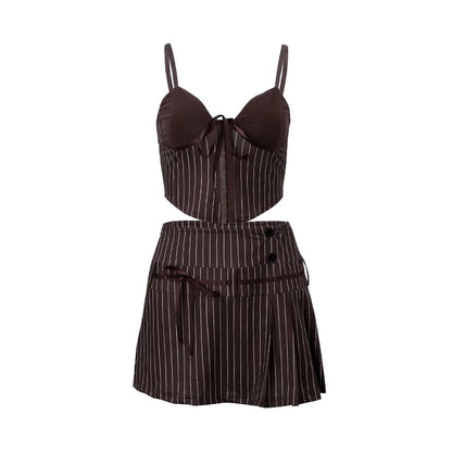 2PCS Vertical Stripe Print Spaghetti Strap Top + Skirt