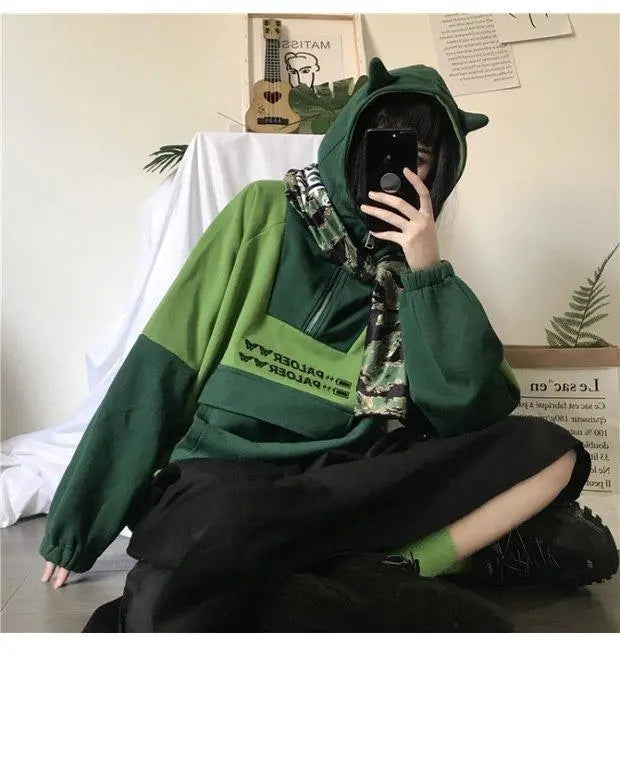 Cute Green Frog Animal Cartoon Aesthetic Long Sleeve Hoodie Sweater Sweatshirt Pullover Jumper E-Girl Kawaii Korean Japanese Harajuku Streetwear