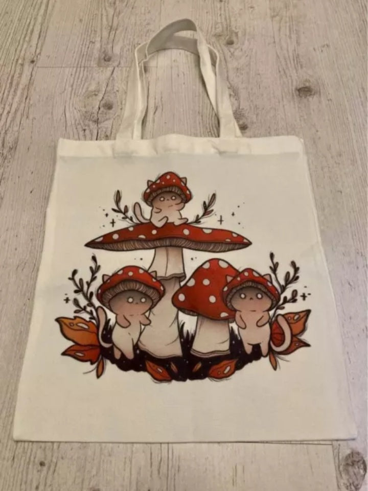 Cute Cat Ghost Mushroom Print Reusable Shopping Bag Canvas Tote Bag Shoulder Bag Aesthetic Casual E-Girl Kawaii Korean Japanese Harajuku