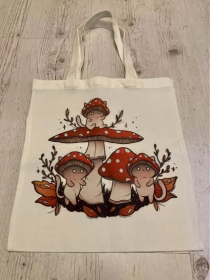 Cute Cat Ghost Mushroom Print Reusable Shopping Bag Canvas Tote Bag Shoulder Bag Aesthetic Casual E-Girl Kawaii Korean Japanese Harajuku