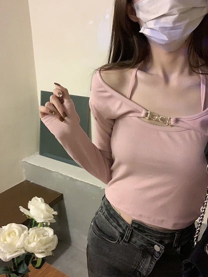 Black Halter Chain Long Sleeve T-shirt