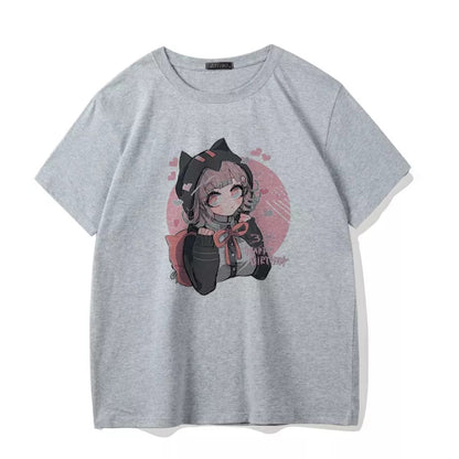Cute Cat Anime Girl Cartoon Print Oversized Loose Short Sleeve Shirt Tee T-shirt Summer Casual E-Girl Kawaii Korean Japanese Harajuku Streetwear